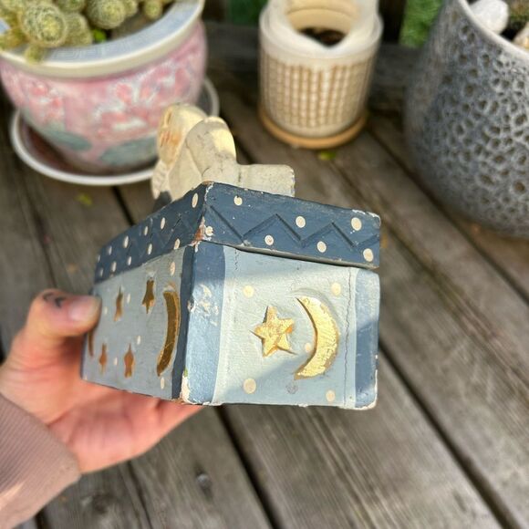 Indonesian Folk Art Sleeping Bhudha Box Carved Wood Hand Painted Stars Moon - Picture 5 of 14